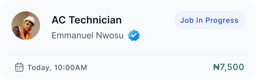 Profile of AC Technician Emmanuel Nwosu with job status 'Job In Progress' and payment of ₦7,500 at 10:00 AM today.