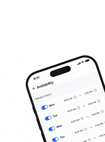 Smartphone screen showing weekly availability hours set from 8 AM to 7 PM for Monday to Thursday.